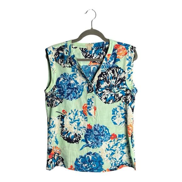 J. Crew Blue and Green Floral Print Sleeveless Blouse Button Detail Size 6 - Picture 1 of 7